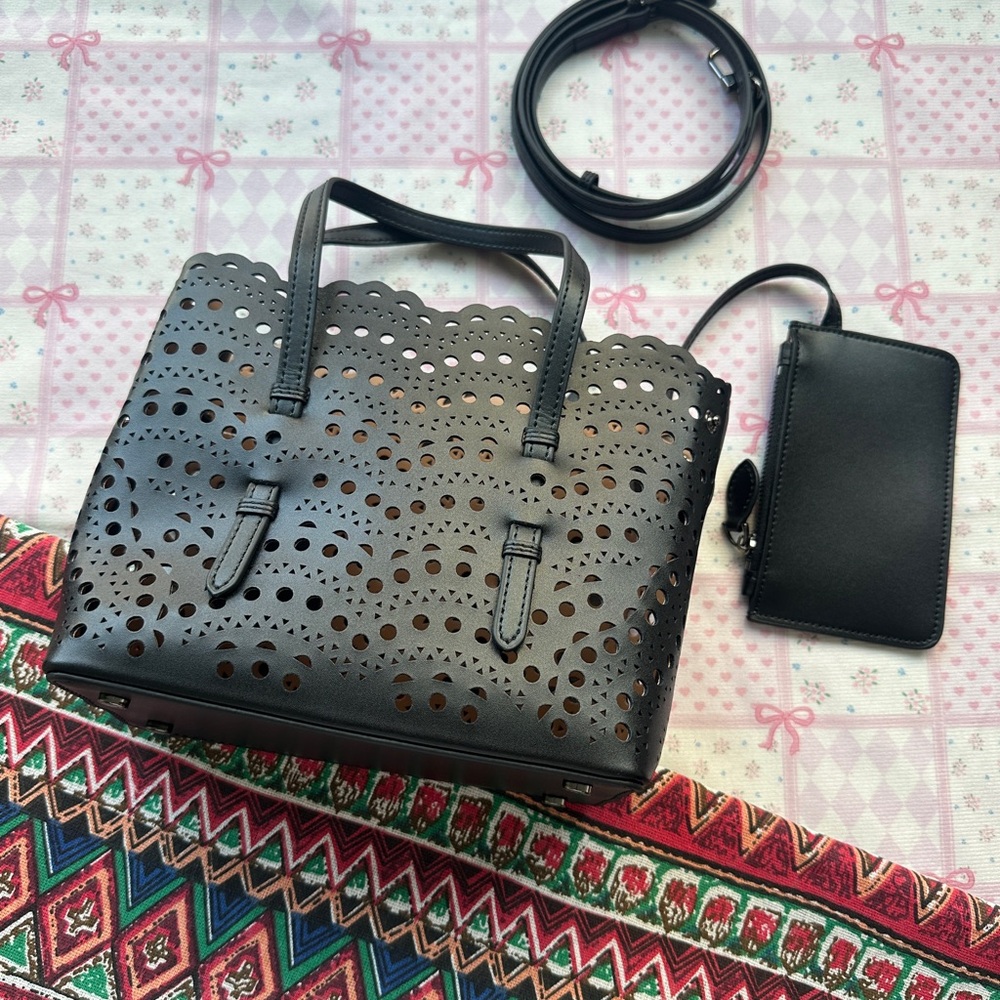 Alaia Black Laser-Cut Tote Bag with Wristlet and Strap